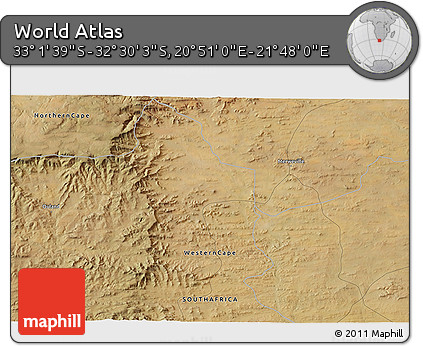 Satellite 3D Map of the Area around 32° 45' 51" S, 21° 19' 30" E