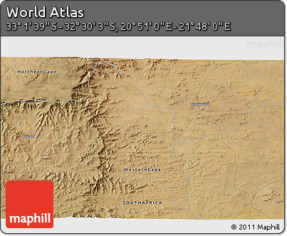 Satellite 3D Map of the Area around 32° 45' 51" S, 21° 19' 30" E