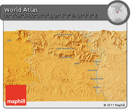 Political 3D Map of the Area around 32° 45' 51" S, 25° 34' 30" E