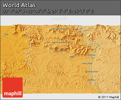 Political 3D Map of the Area around 32° 45' 51" S, 25° 34' 30" E