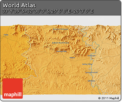 Political 3D Map of the Area around 32° 45' 51" S, 25° 34' 30" E
