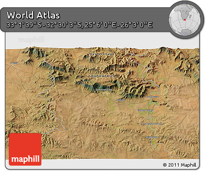 Satellite 3D Map of the Area around 32° 45' 51" S, 25° 34' 30" E