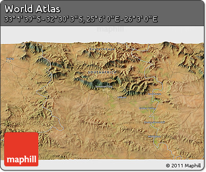 Satellite 3D Map of the Area around 32° 45' 51" S, 25° 34' 30" E