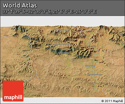 Satellite 3D Map of the Area around 32° 45' 51" S, 25° 34' 30" E