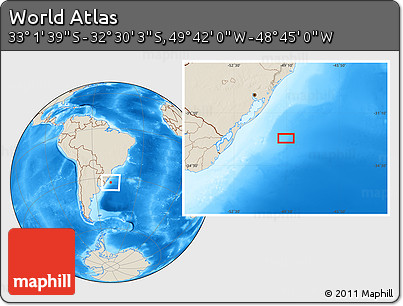 Shaded Relief Location Map of the Area around 32° 45' 51" S, 49° 13' 30" W
