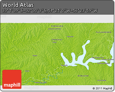 Physical 3D Map of the Area around 32° 45' 51" S, 56° 52' 30" W