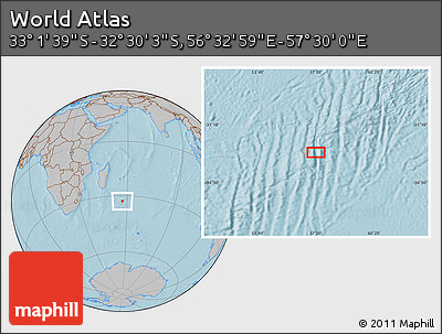 Gray Location Map of the Area around 32° 45' 51" S, 57° 1' 29" E, hill shading