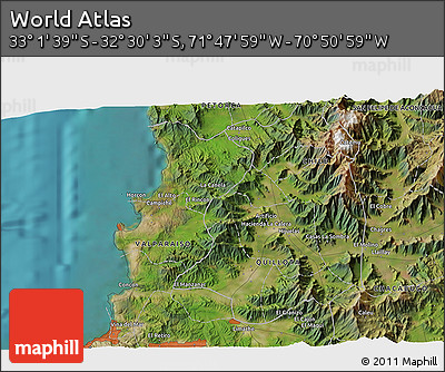 Satellite 3D Map of the Area around 32° 45' 51" S, 71° 19' 29" W