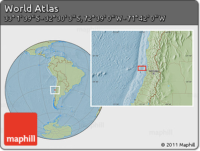 Savanna Style Location Map of the Area around 32° 45' 51" S, 72° 10' 30" W, hill shading