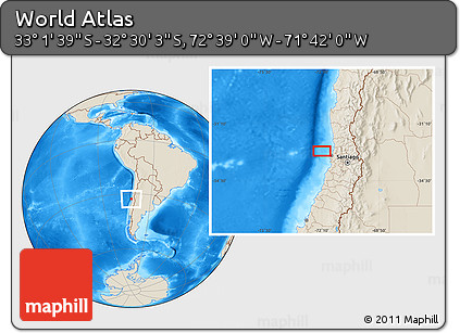 Shaded Relief Location Map of the Area around 32° 45' 51" S, 72° 10' 30" W