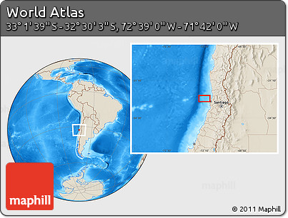 Shaded Relief Location Map of the Area around 32° 45' 51" S, 72° 10' 30" W