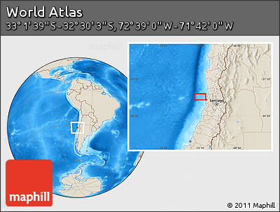 Shaded Relief Location Map of the Area around 32° 45' 51" S, 72° 10' 30" W