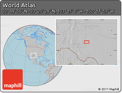 Gray Location Map of the Area around 33° 4' 42" N, 102° 46' 30" W, hill shading