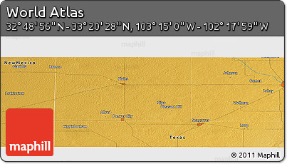 Physical Panoramic Map of the Area around 33° 4' 42" N, 102° 46' 30" W