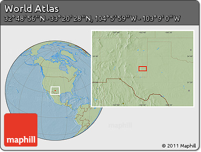 Savanna Style Location Map of the Area around 33° 4' 42" N, 103° 37' 30" W, hill shading
