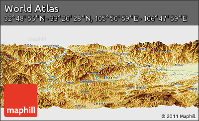 Physical Panoramic Map of the Area around 33° 4' 42" N, 106° 19' 29" E