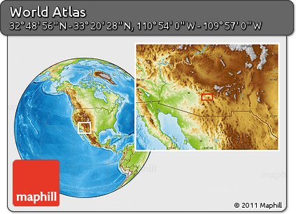 Physical Location Map of the Area around 33° 4' 42" N, 110° 25' 30" W