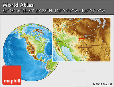 Physical Location Map of the Area around 33° 4' 42" N, 110° 25' 30" W