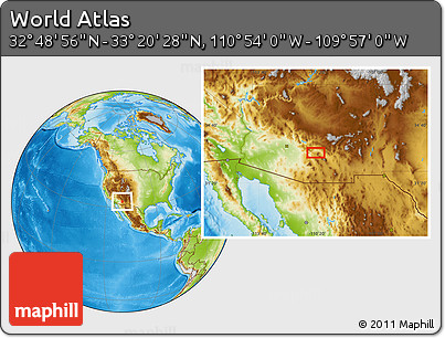 Physical Location Map of the Area around 33° 4' 42" N, 110° 25' 30" W