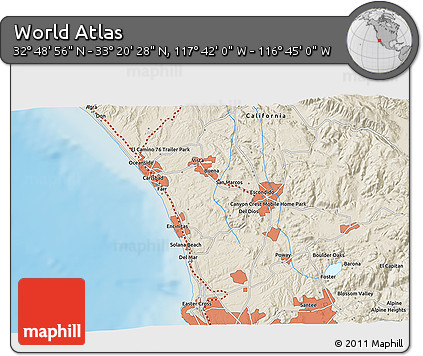 Shaded Relief 3D Map of the Area around 33° 4' 42" N, 117° 13' 29" W