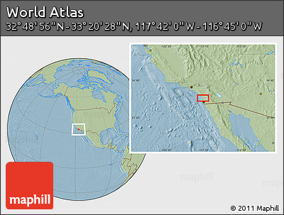 Savanna Style Location Map of the Area around 33° 4' 42" N, 117° 13' 29" W, hill shading