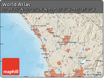 Shaded Relief Map of the Area around 33° 4' 42" N, 117° 13' 29" W
