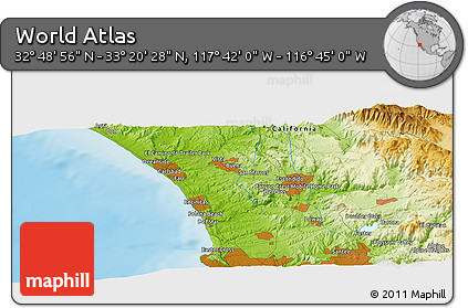 Physical Panoramic Map of the Area around 33° 4' 42" N, 117° 13' 29" W