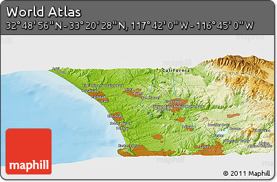 Physical Panoramic Map of the Area around 33° 4' 42" N, 117° 13' 29" W