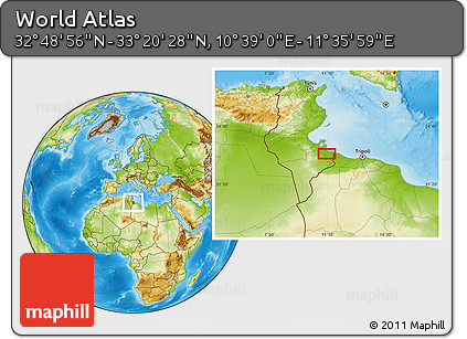 Physical Location Map of the Area around 33° 4' 42" N, 11° 7' 30" E