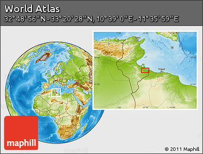 Physical Location Map of the Area around 33° 4' 42" N, 11° 7' 30" E