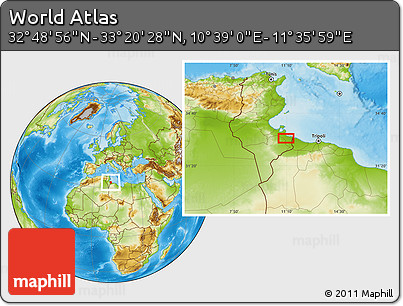 Physical Location Map of the Area around 33° 4' 42" N, 11° 7' 30" E