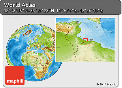Physical Location Map of the Area around 33° 4' 42" N, 11° 58' 29" E