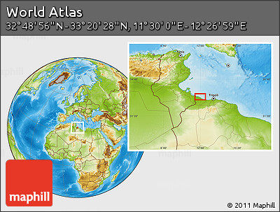 Physical Location Map of the Area around 33° 4' 42" N, 11° 58' 29" E