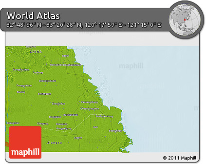 Physical 3D Map of the Area around 33° 4' 42" N, 120° 46' 30" E