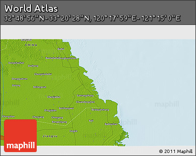 Physical 3D Map of the Area around 33° 4' 42" N, 120° 46' 30" E