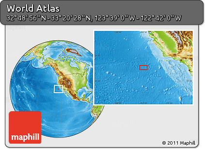 Physical Location Map of the Area around 33° 4' 42" N, 123° 10' 30" W