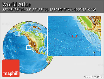 Physical Location Map of the Area around 33° 4' 42" N, 123° 10' 30" W