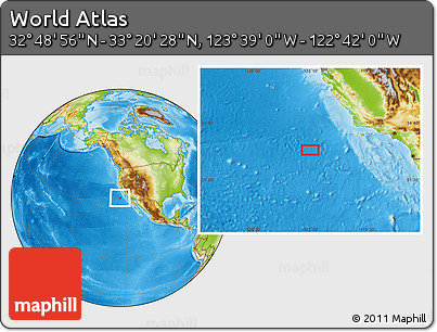 Physical Location Map of the Area around 33° 4' 42" N, 123° 10' 30" W