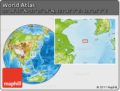 Physical Location Map of the Area around 33° 4' 42" N, 124° 10' 30" E