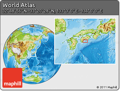 Physical Location Map of the Area around 33° 4' 42" N, 133° 31' 30" E