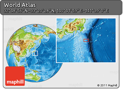 Physical Location Map of the Area around 33° 4' 42" N, 141° 10' 30" E