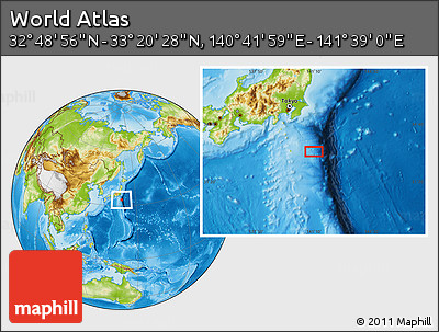 Physical Location Map of the Area around 33° 4' 42" N, 141° 10' 30" E
