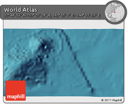 Satellite 3D Map of the Area around 33° 4' 42" N, 143° 43' 29" E