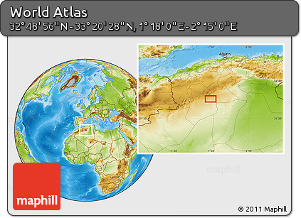 Physical Location Map of the Area around 33° 4' 42" N, 1° 46' 29" E