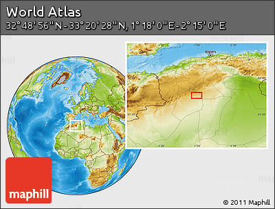 Physical Location Map of the Area around 33° 4' 42" N, 1° 46' 29" E