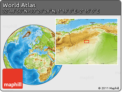 Physical Location Map of the Area around 33° 4' 42" N, 1° 46' 29" E
