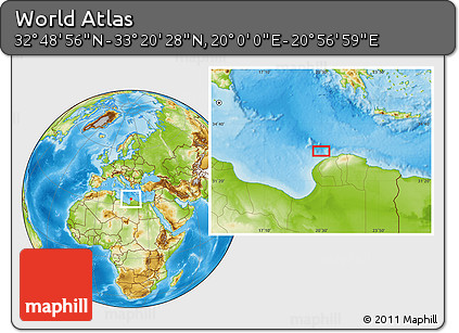 Physical Location Map of the Area around 33° 4' 42" N, 20° 28' 30" E