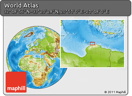 Physical Location Map of the Area around 33° 4' 42" N, 21° 19' 30" E
