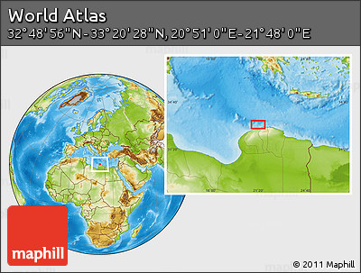 Physical Location Map of the Area around 33° 4' 42" N, 21° 19' 30" E