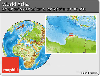 Physical Location Map of the Area around 33° 4' 42" N, 21° 19' 30" E